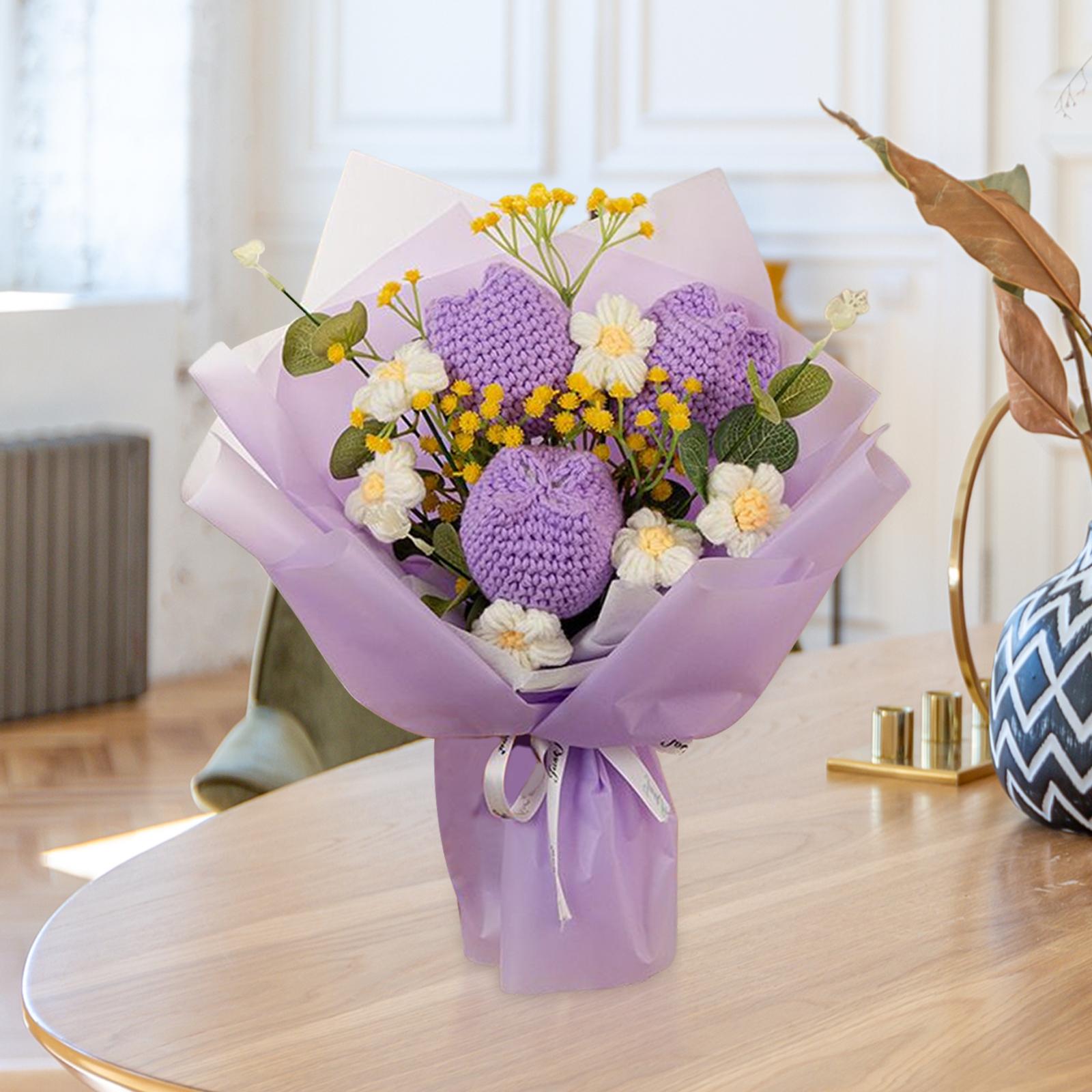 Crochet Flower Bouquet, Knitted Flowers with Eucalyptus, Artificial Flowers for Thanksgiving, Girlfriend, Festival Violet, Size: 35cmx30cm, Purple